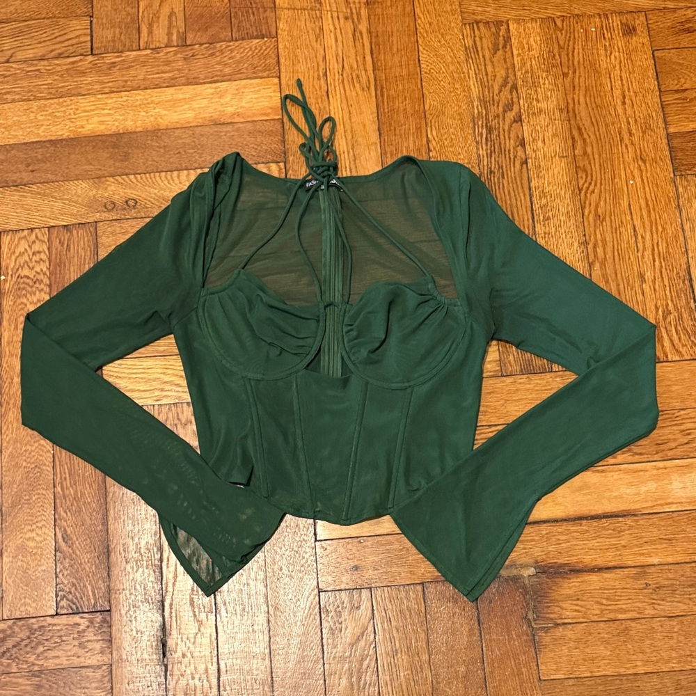 Fashion Nova Dark Green Long Sleeve Corset Top
